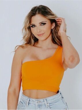 Klassy Network One-Shoulder Orange Crop Top